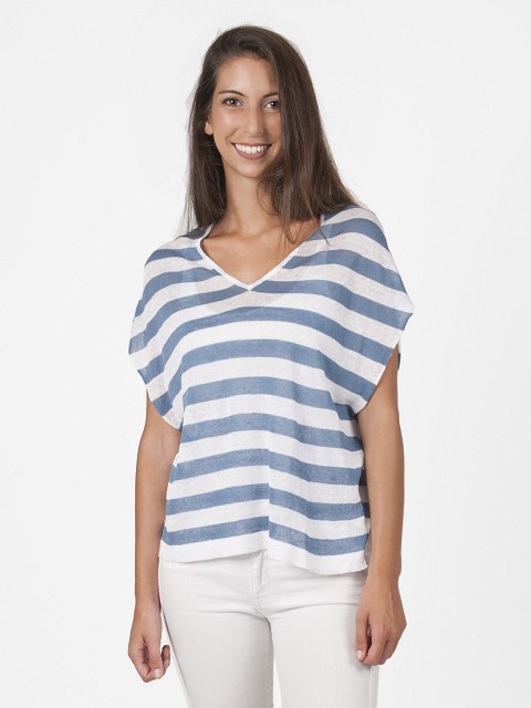 V Neck Striped Linen Cotton T-Shirt